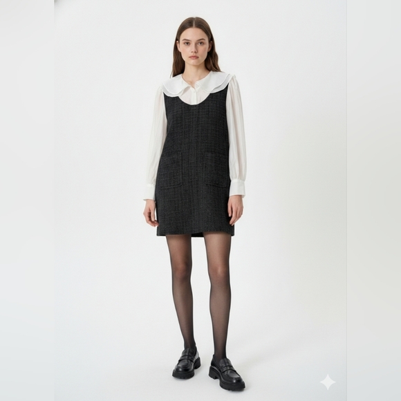 Sioshre Dresses & Skirts - Sioshre Tweed Shift Dress with Ruffled Layered Collar & Sleeves